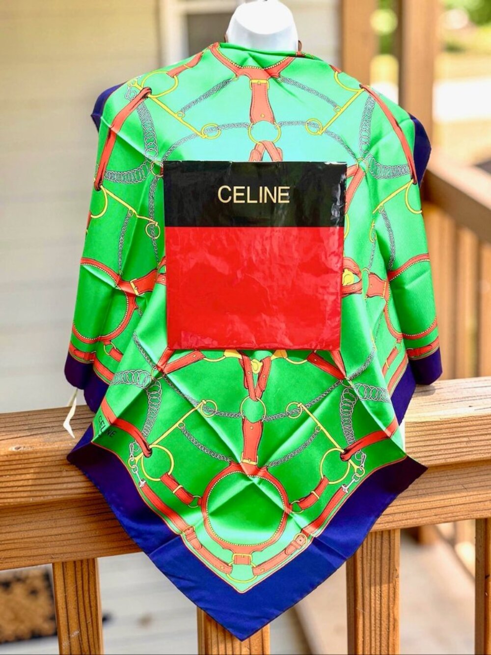 New W/  Box Celine  Paris 100% Silk scarf  34" Blue Green Red Italy Made   ( 22)